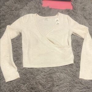 Aerie Cream Long Sleeve Wrap Top